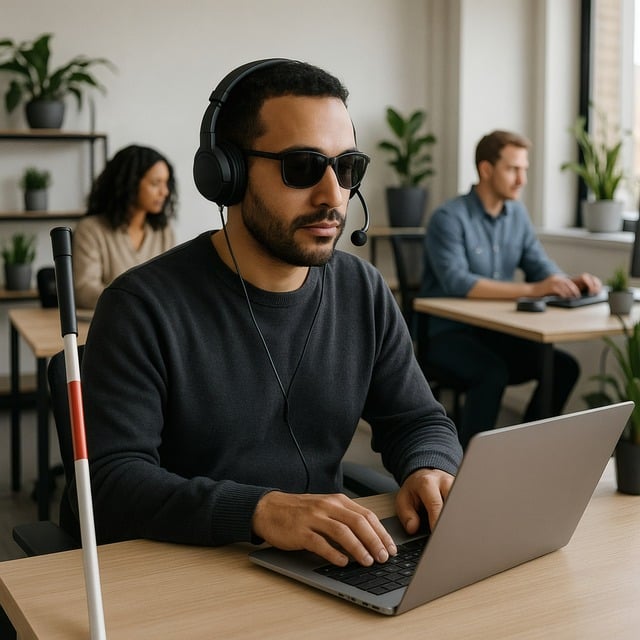 student with dark glasses and a cane in classroom 